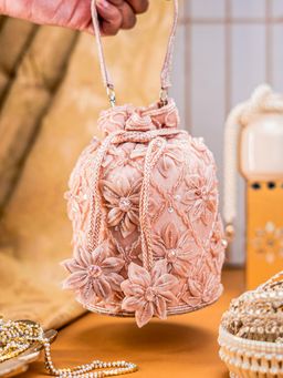 NR by Nidhi Rathi - Rose Pink Satin Potli Clutch with Floral Detailing