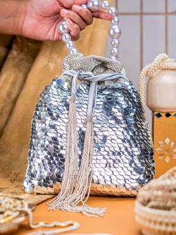 NR by Nidhi Rathi - Silver Glittery Embellished Drawstring Potli Bag
