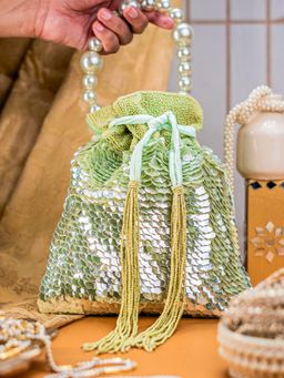 NR by Nidhi Rathi - Light Green Glittery Embellished Drawstring Potli Bag