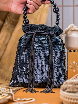 NR by Nidhi Rathi - Black Glittery Embellished Drawstring Potli Bag