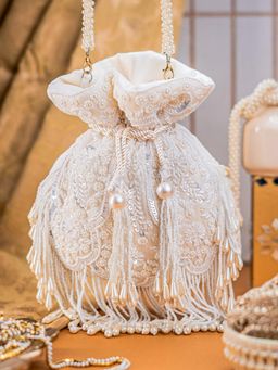 NR by Nidhi Rathi - White and Gold Embellished Drawstring Potli Bag
