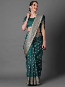 Odette - Teal Blue Festive Silk Blend Woven Design Saree with Unstitched Blouse