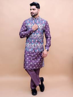 Pro Ethic Style Developer - Men Indian Purple Kurta with Pant and Waistcoat