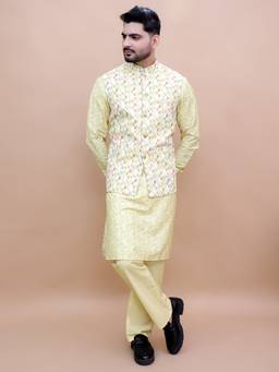 Pro Ethic Style Developer - Men Indian Yellow Kurta with Pant and Waistcoat