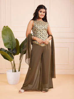 TeenTrums - Girls Olive Brocade Kurta Palazzo and Dupatta
