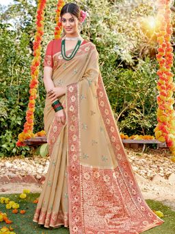 Odette - Womens Beige Cotton Woven Design Saree with Unstitched Blouse