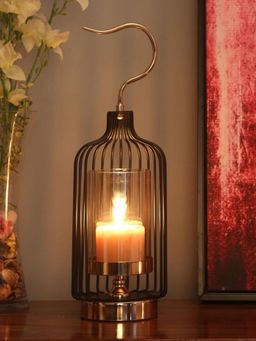 At Home by Nilkamal - Cage with Hook Candle Stand (Black & Gold)