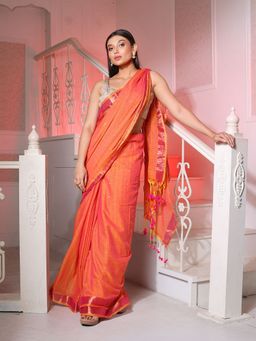 CHARUKRITI - Orange Cotton Handspun Saree with Stripe Designs and Sequin Work with Unstitched Blouse