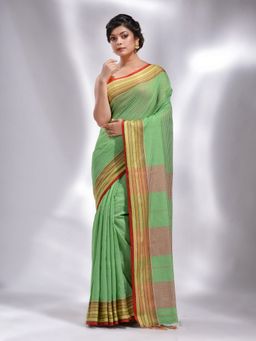 CHARUKRITI - Green Pure Cotton Handwoven Stripe Designs Saree with Unstitched Blouse