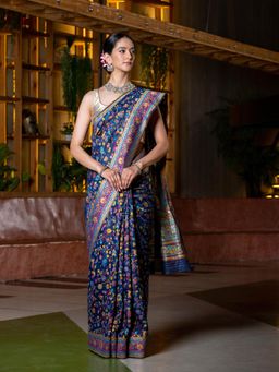 Beatitude - Navy Blue Pink Floral Zari Silk Blend Saree with Unstitched Blouse