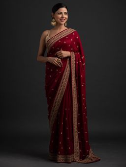 Koskii - Maroon Stone Work Raw Silk Designer Saree With Unstitched Blouse