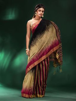 CHARUKRITI - Beige Blended Cotton Handwoven Saree with Unstitched Blouse