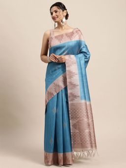 Odette - Womens Silk Blend Blue Printed Designer Saree with Unstitched Blouse