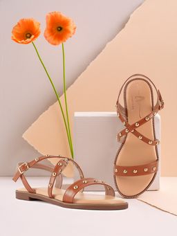 London Rag - Women Tan Stud Embellished Strappy Sandals
