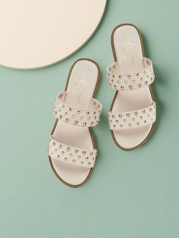 London Rag - Women Beige Studded Faux Leather Slip Ons Flats