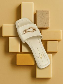 London Rag - Women Off White Metallic Buckle Embellished Slip Ons Flats