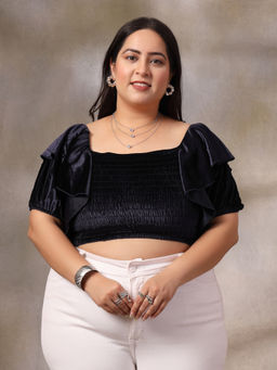 KASSUALLY - Solid Smoked with Ruffle Sleeves Crop Top