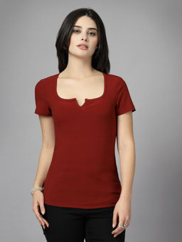 KASSUALLY - Maroon Ribbed Scoop Neck Fitted Top