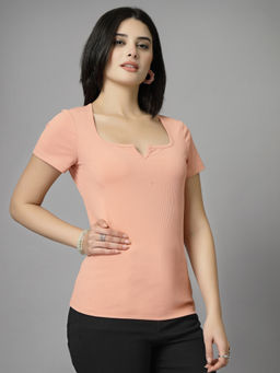 KASSUALLY - Peach Ribbed Scoop Neck Fitted Top
