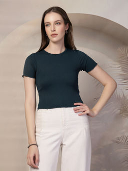 KASSUALLY - Bottler Green Ribbed Crop Top