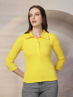 KASSUALLY - Yellow Ribbed Shirt Collar Fitted Top