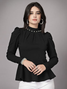 KASSUALLY - Black High Neck Peplum Embellished Top