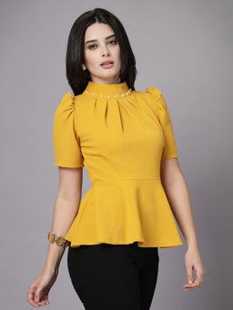 KASSUALLY - Mustard Yellow High Neck Peplum Embellished Top
