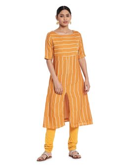Fabindia - Cotton Silk Slim Fit Mustard Striped Long Kurta