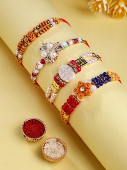 ADIVA - Set Of 4 Cz Stone & Beads Floral God Symbol Thread Rakhi With Thali Roli Chawal Bag Gift Set