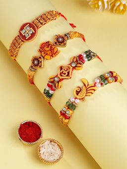 ADIVA - Set Of 4 Cz Stone & Beads God Symbol Thread Rakhi With Thali Roli Chawal Bag Gift Set