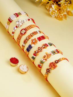 ADIVA - Set Of 8 Cz Stone & Beads God Symbol Thread Rakhi With Thali Roli Chawal Bag Gift Set