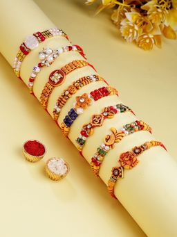 ADIVA - Set Of 8 Cz Stone & Beads God Symbol Thread Rakhi With Roli Chawal Chandan Card