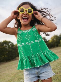Somersault - Girls Schiffli Green Cotton Sleeveless Top