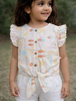 Somersault - Girls All Over Printed Off White Cotton Half Sleeve Top