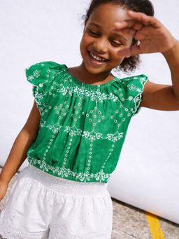 Somersault - Girls Schiffli Green Cotton Half Sleeve Top