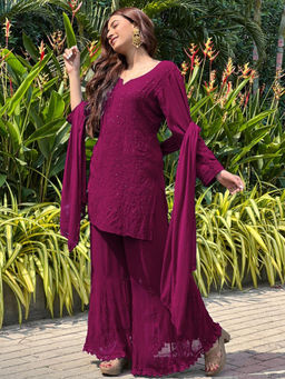 Label Aishwaryrika - Mulled Wine Short Chikankari Kurta-Gharara (Set of 3)