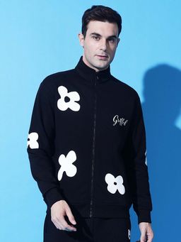 Griffel - Floral Print Zipper Black Sweatshirt