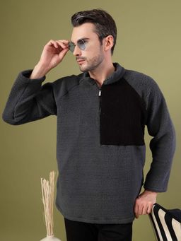 RIGO - Men Grey Sherpa Colourblocked Oversized Sweatshirt