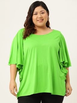 theRebelinme - Plus Size Womens Bright Green Solid Flutter Sleeve LongLine Top