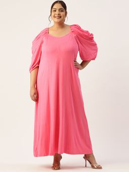 theRebelinme - Plus Size Womens Pink Solid Puff Sleeve A-Line Maxi Dress