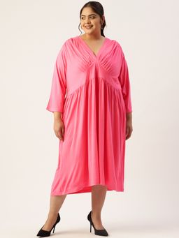 theRebelinme - Plus Size Womens Pink Solid Gather Detail A-Line Midi Dress