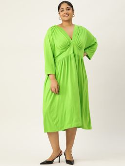 theRebelinme - Plus Size Womens Bright Green Solid Gather Detail A-Line Midi Dress