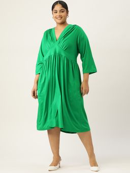 theRebelinme - Plus Size Womens Emerald Green Solid Gather Detail A-Line Midi Dress
