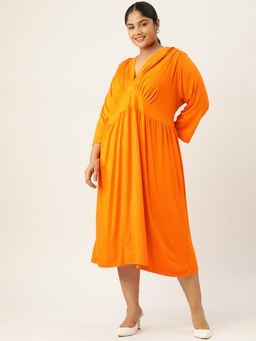 theRebelinme - Plus Size Womens Orange Solid Gather Detail A-Line Midi Dress