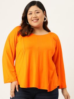 theRebelinme - Plus Size Womens Orange Solid Long Sleeve Gather Top