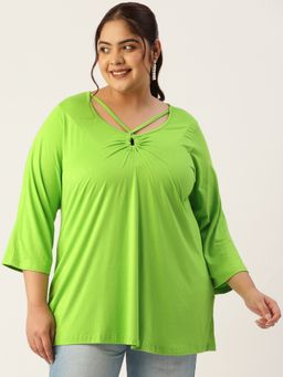 theRebelinme - Plus Size Womens Bright Green Solid Key Hole Neck Knitted Top