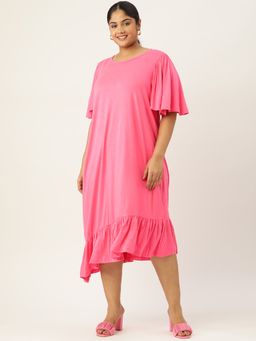theRebelinme - Plus Size Womens Pink Solid Flared Sleeve A-Line Midi Dress