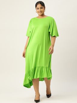 theRebelinme - Plus Size Womens Bright Green Solid Flared Sleeve A-Line Midi Dress