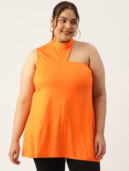 theRebelinme - Plus Size Womens Orange Solid High Neck LongLine Top