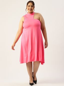 theRebelinme - Plus Size Womens Pink Solid High Neck A-Line Midi Dress